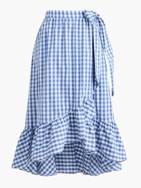 nwt j.crew poplin midi wrap skirt in vintage peri ivory xs blue gingham ruffle